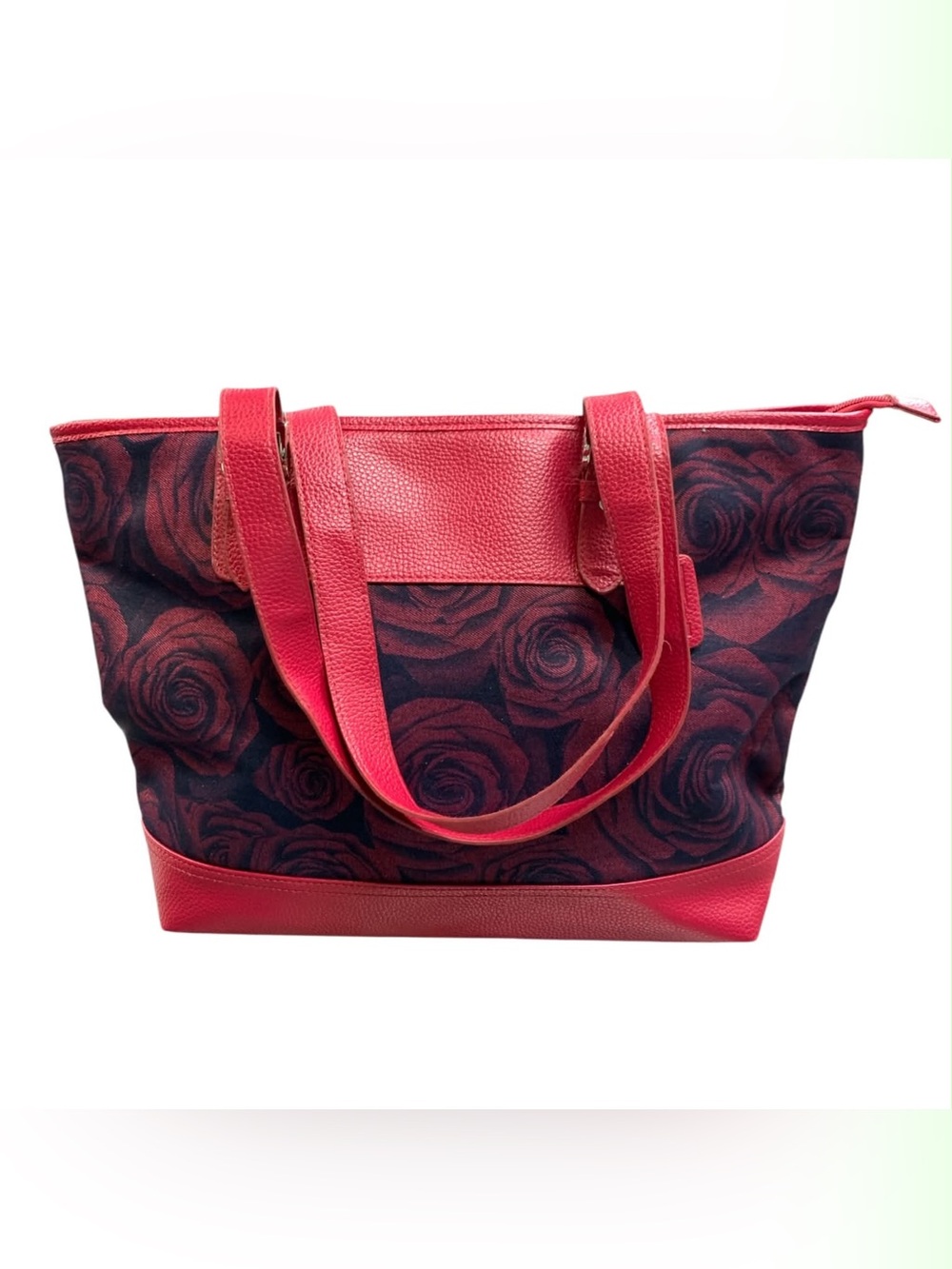 Red Rose-Print Tote with Red Faux Leather Accents
